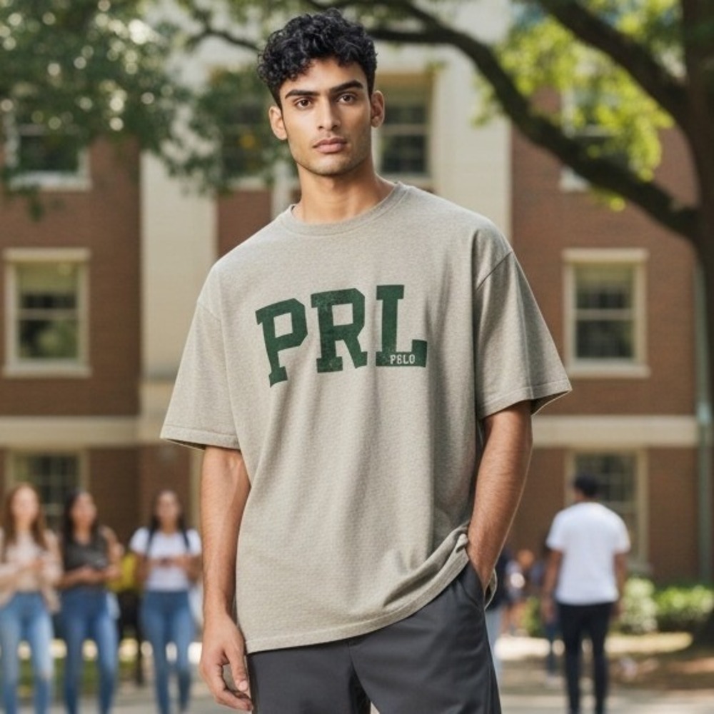 Polo Ralph Lauren Mens PRL Graphic‎ T-Shirt Tan Green Large Short Sleeve Tee